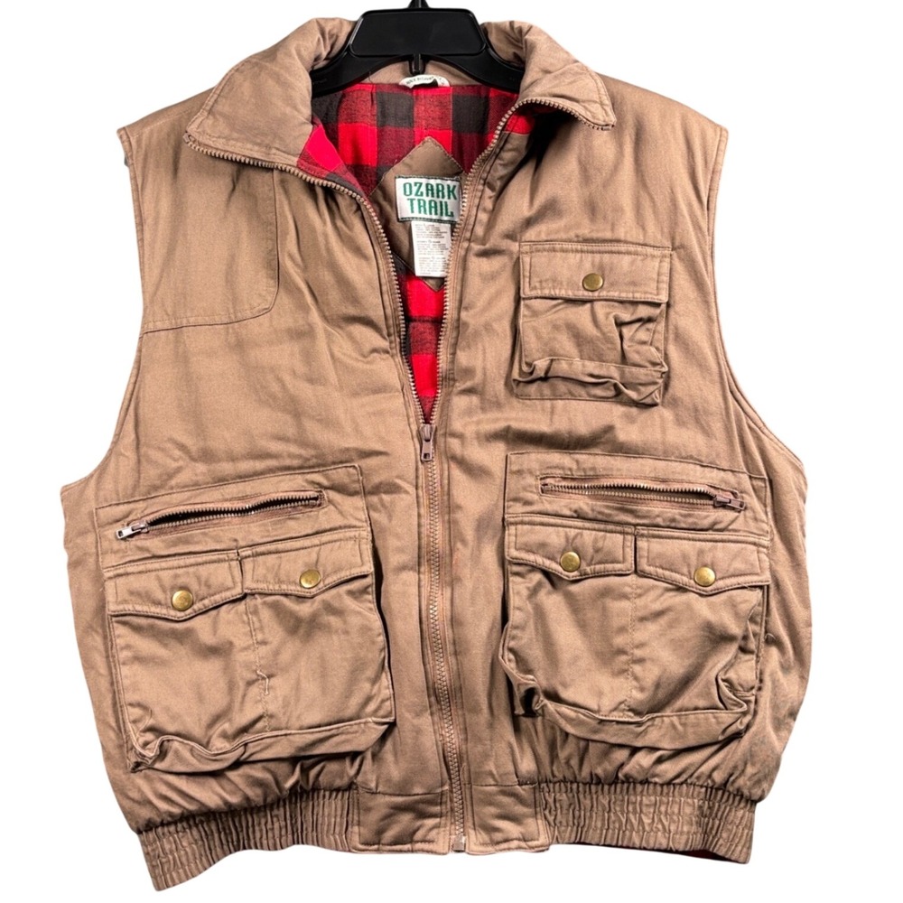 Ozark Trail Utility Vest Mens L Brown Flannel Lined Gorpcore Fishing Workwear